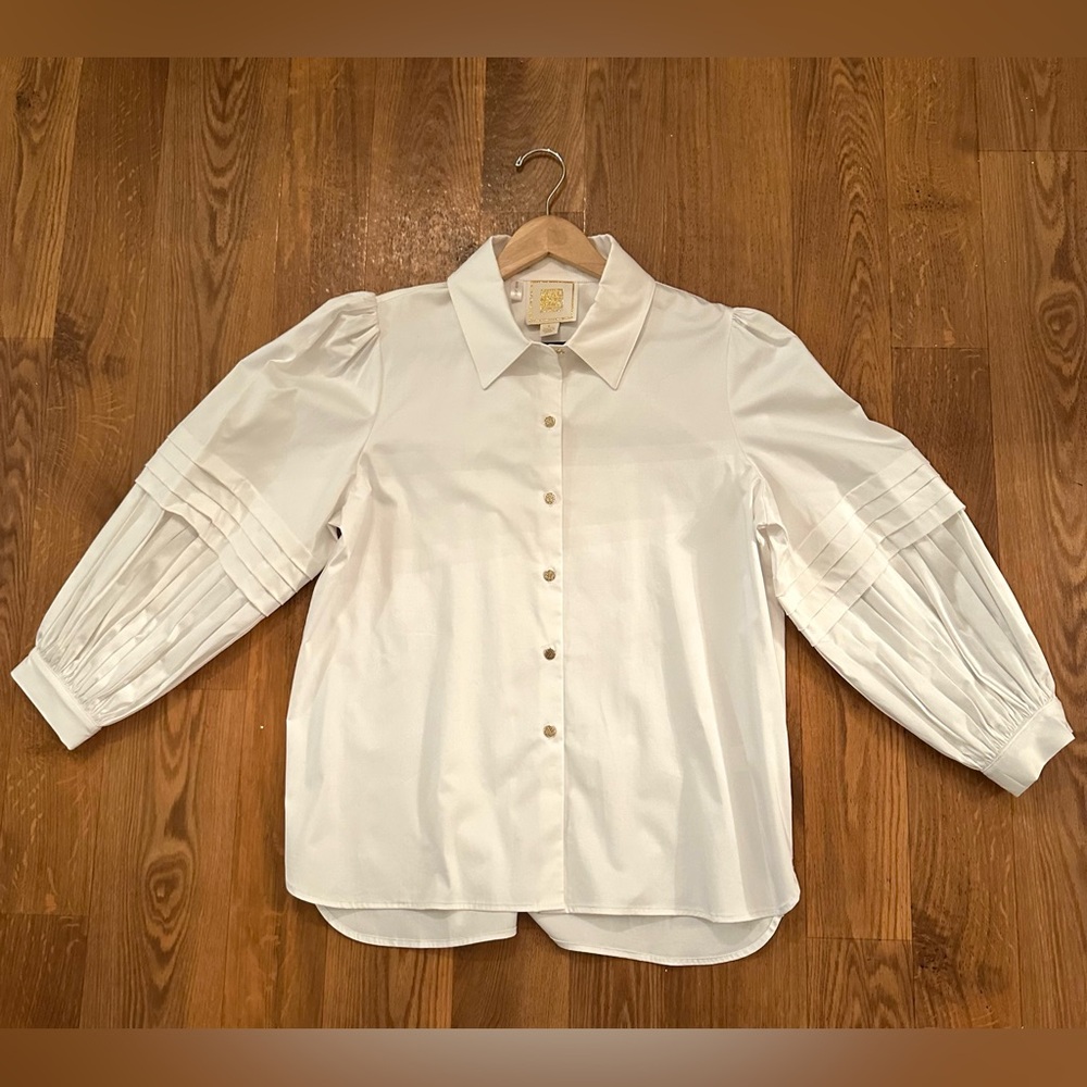 Crisp white stylish blouse with detailed puffy sleeves. Size Large. NEVER WORN!